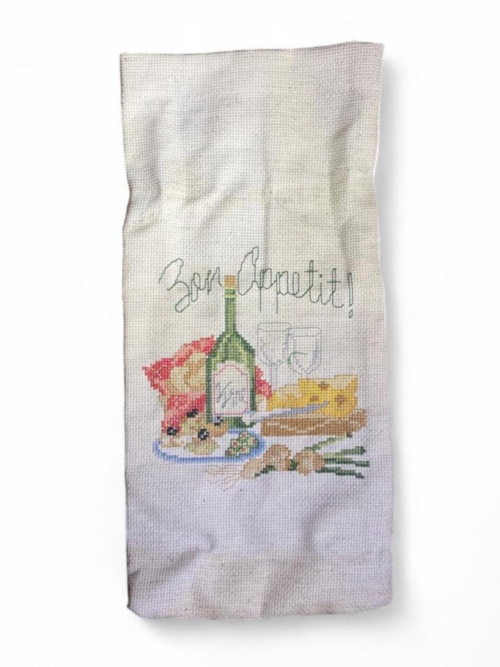 Unbranded Cream Cross-Stitch Kitchen Wine Alcohol Bottle Bag Bon Appetit Design